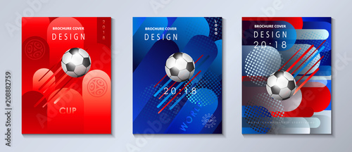 Soccer world international competition abstract brochure covers, banners set. Dynamic concept modern design, sports, football symbols, soccer ball, russian flag pattern vector