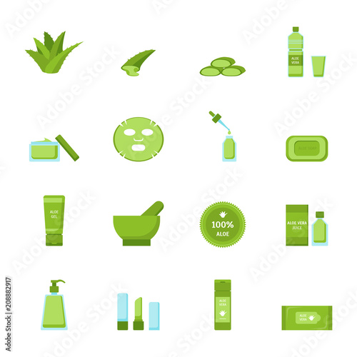 Cartoon Aloe Vera Icons Set. Vector