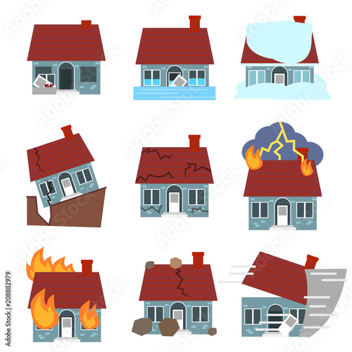 Cartoon Building Disasters Destruction Icons Set. Vector