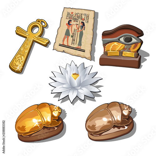 A set of sacred symbols and artifacts of ancient Egypt isolated on a white background. Vector illustration.