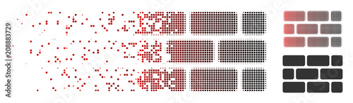 Vector brick wall icon in sparkle, dotted halftone and undamaged solid versions. Disintegration effect uses rectangular particles and horizontal gradient from red to black.