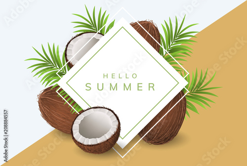 Coconut paper frame with palm leaf, whole and half coconut for summer design. Vector illustration for tropical and vacation card design