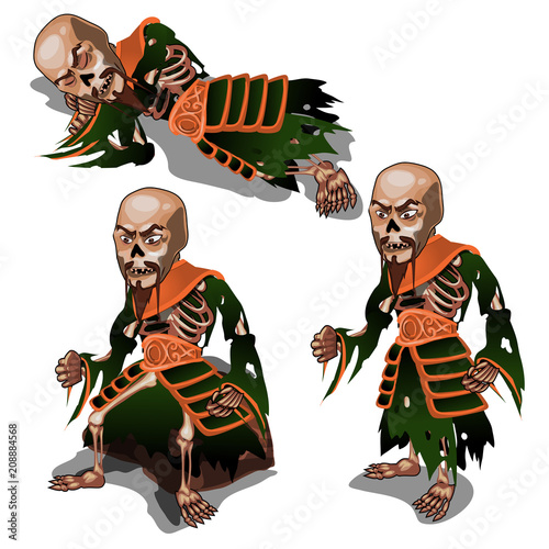 Set of zombie samurai isolated on white background. Vector cartoon close-up illustration.
