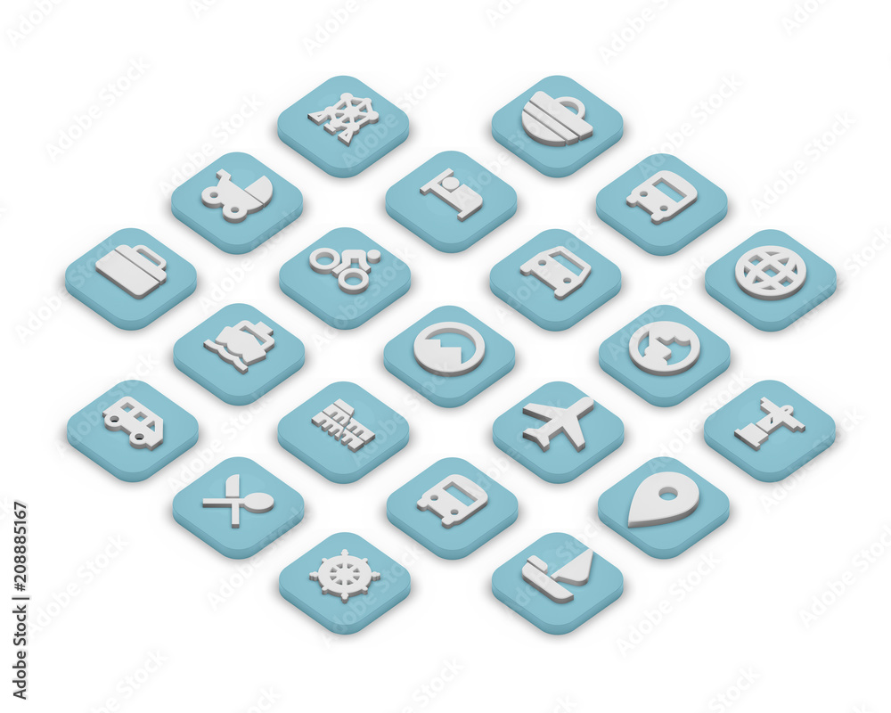 3D isometric icons of travel isolated on a grey background. 3D isometric icons of travel isolated on a grey background.