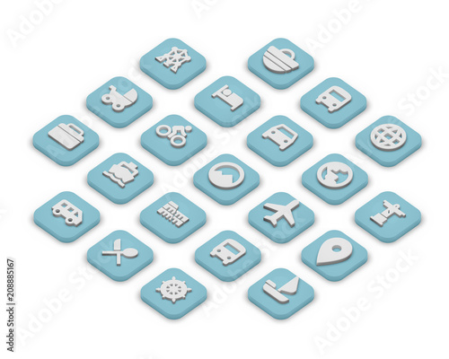 3D isometric icons of travel isolated on a grey background.