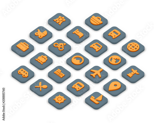 3D isometric icons of travel isolated on a grey background.