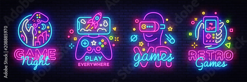 Video Games logos collection neon sign Vector design template. Conceptual Vr ...