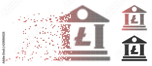 Vector Litecoin bank building icon in fractured, dotted halftone and undamaged whole versions. Disintegration effect uses rectangular scintillas and horizontal gradient from red to black. photo