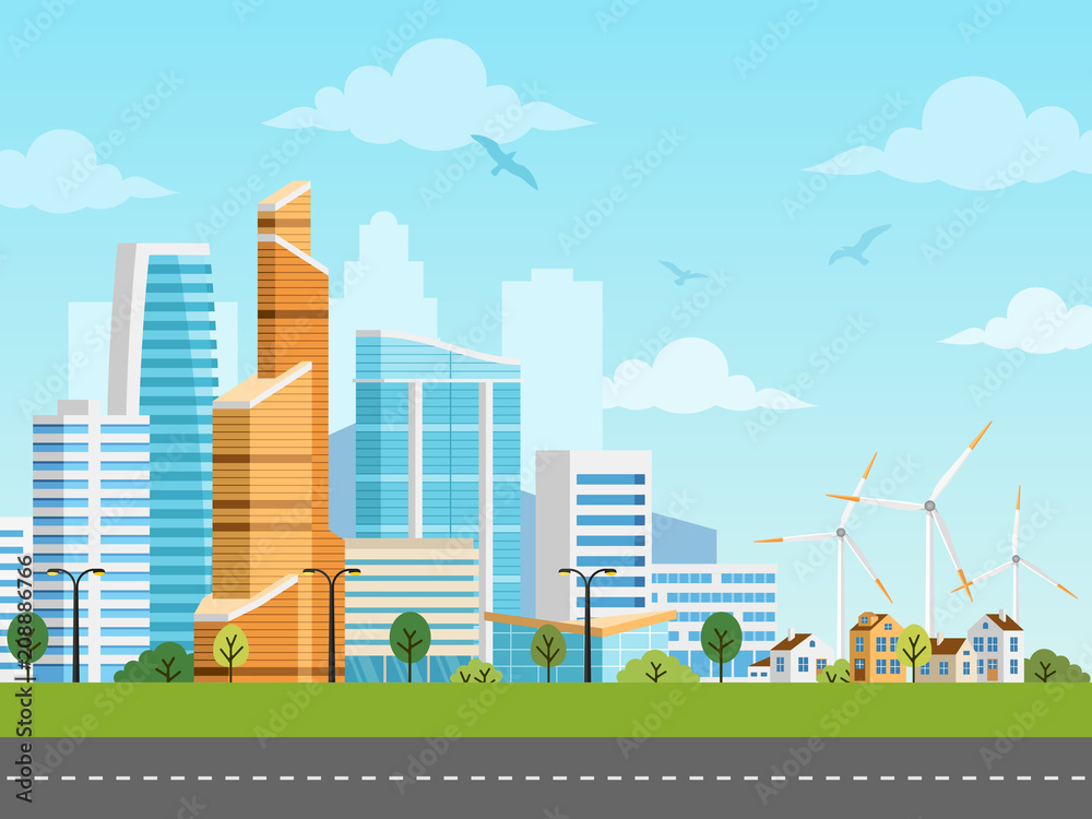 Smart city and suburb with skyscrapers and private houses vector panorama. Buildings, skyscrapers and windmills