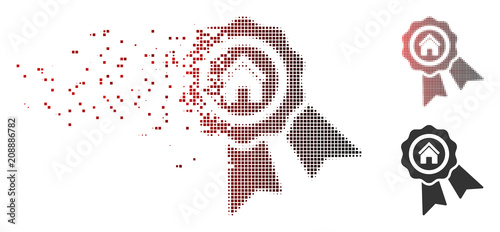 Vector realty award icon in sparkle, dotted halftone and undamaged entire variants. Disintegration effect uses rectangular scintillas and horizontal gradient from red to black.