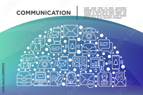Communication concept in half circle with thin line icons: email, phone, chat, contacts, comment, inbox, translator, presentation, message, screen share, support. Vector illustration for print media.
