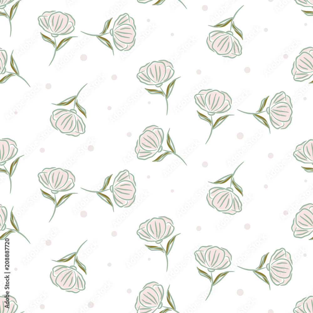 Simple flower pattern vector design. Cute single pastel color florals on white background.