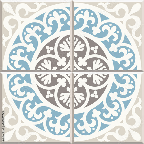 Ancient floor ceramic tiles. Flooring tiling seamless vector background. Vector illustration. Victorian English floor tiling design. Portuguese cement tiles pattern. Grey-blue and golden brown colors