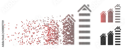 Vector realty trend icon in fractured, pixelated halftone and undamaged solid variants. Disintegration effect uses rectangle sparks and horizontal gradient from red to black.