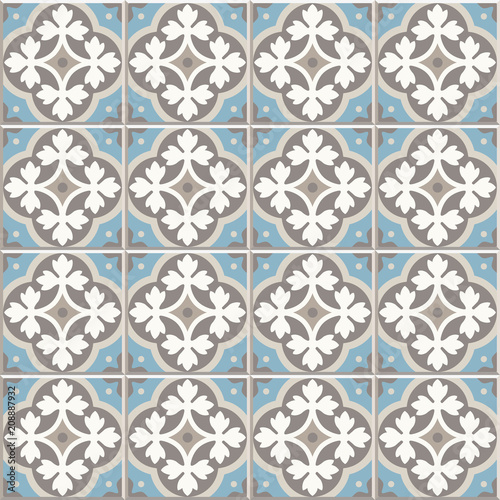 Ancient floor ceramic tiles. Flooring tiling seamless vector background. Vector illustration. Victorian English floor tiling design. Portuguese cement tiles pattern. Grey-blue and golden brown colors