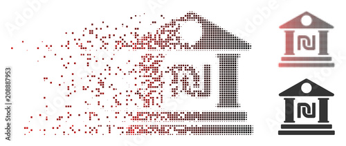 Vector shekel bank building icon in dissolved, dotted halftone and undamaged solid variants. Disappearing effect uses rectangle particles and horizontal gradient from red to black.