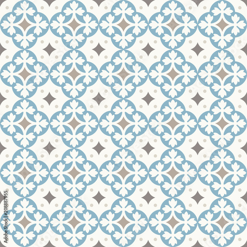 Ancient floor ceramic tiles. Flooring tiling seamless vector background. Vector illustration. Victorian English floor tiling design. Portuguese cement tiles pattern. Grey-blue and golden brown colors