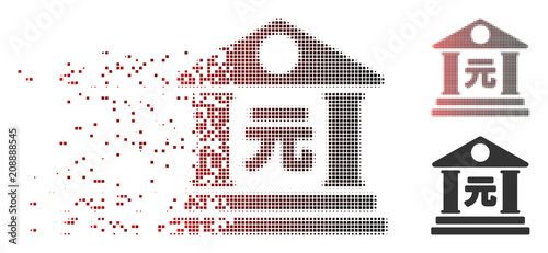 Vector yuan bank building icon in dissolved, dotted halftone and undamaged entire versions. Disintegration effect uses square dots and horizontal gradient from red to black.