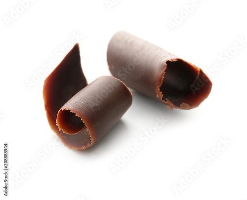 Chocolate curls on white background