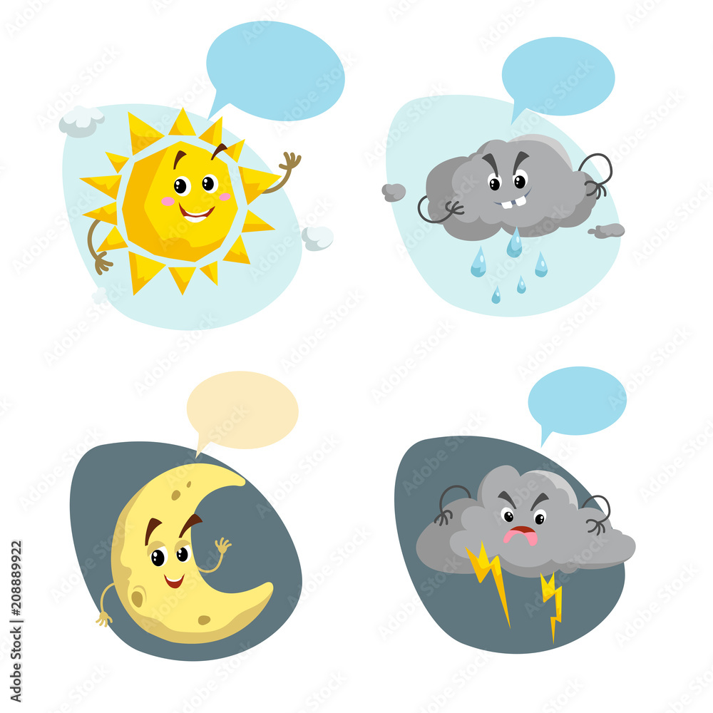 Cartoon weather characters set. Friendly sun, rain cloud with raindrops,  crescent moon and thunderstorm cloud with lightning. Speech bubbles. Vector  climate icons collection. Stock Vector | Adobe Stock