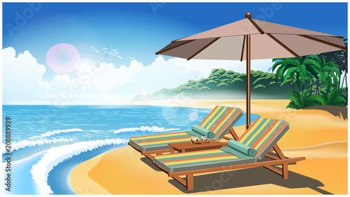 Two deck chairs and an umbrella on the beach