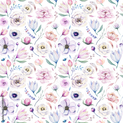 Seamless spring lilac watercolor floral pattern on a white background. Pink and rose flowers, weddind decoration illustration.