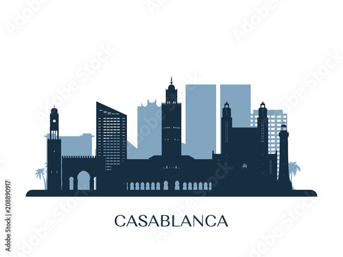 Casablanca skyline, monochrome silhouette. Vector illustration.