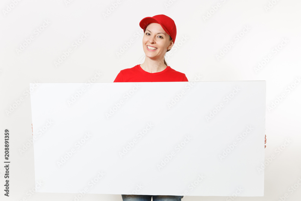 Delivery woman in red uniform isolated on white background. Female courier in cap, t-shirt, jeans holding big white empty billboard. Copy space advertisement. Place for text or image. Advertising area Delivery woman in red uniform isolated on white background. Female courier in cap, t-shirt, jeans holding big white empty billboard. Copy space advertisement. Place for text or image. Advertising area
