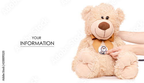 Toy bear stethoscope in hand medical medicine pattern on white background isolation © Kabardins photo