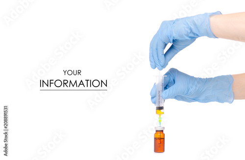 Syringe and medical ampoule in hand medical gloves pattern on white background isolation