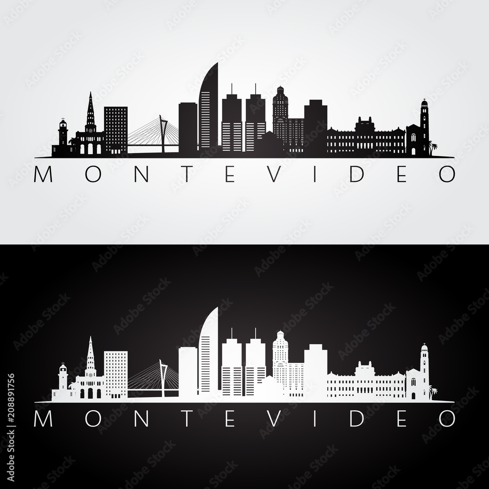 Obraz Sylwetka panoramę Montevideo i zabytki, czarno-biały design, ilustracji wektorowych.