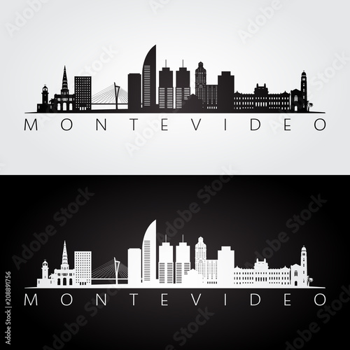 Montevideo skyline and landmarks silhouette, black and white design, vector illustration.