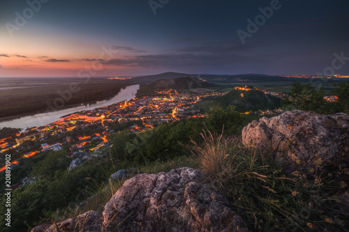 View of Small City of Hainburg an der Donau with Danube River as Seen from Rocky Hundsheimer Hill on Twilight