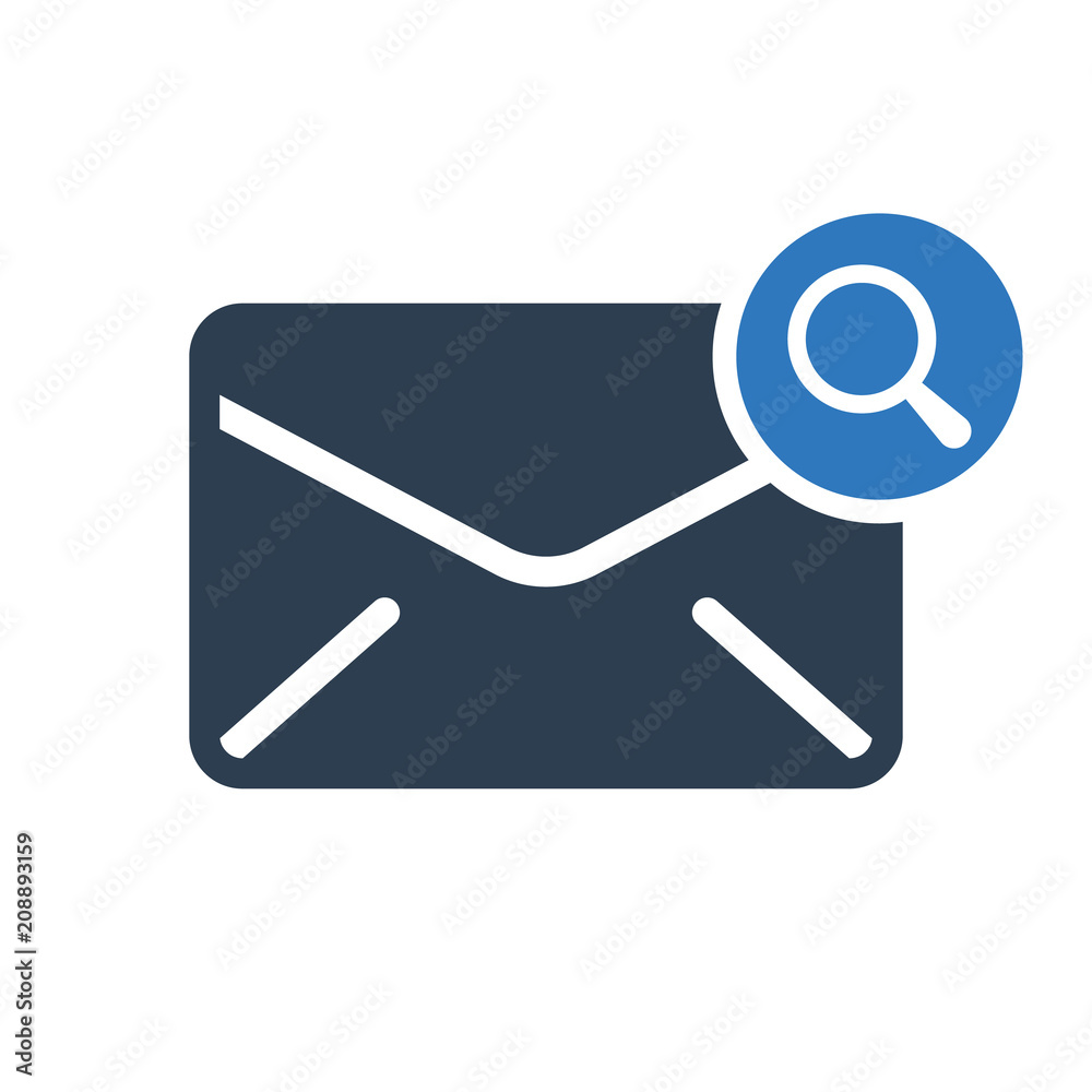 Envelope icon, multimedia icon with research sign. Envelope icon and explore, find, inspect symbol Envelope icon, multimedia icon with research sign. Envelope icon and explore, find, inspect symbol