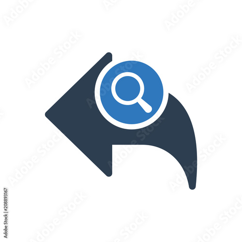 Back icon, arrows icon with research sign. Back icon and explore, find, inspect symbol
