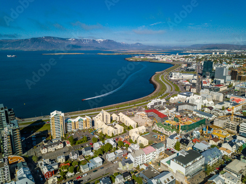 Reykjavik from yhe top. Iceland capital in summer sunny daytime. Aerial photo