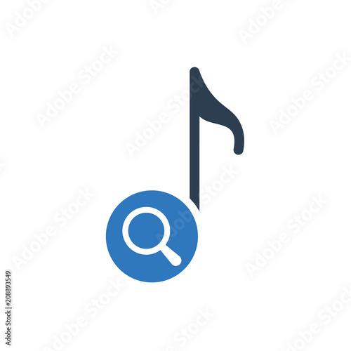 Musical note icon, music icon with research sign. Musical note icon and explore, find, inspect symbol