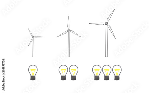 Vector image of wind turbines and light bulbs increasing in size and number.