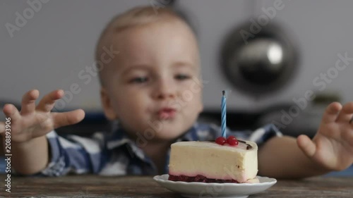 Wallpaper Mural Blonde, happy, smiling boy blowing out a candle on cake. One-year celebration Torontodigital.ca