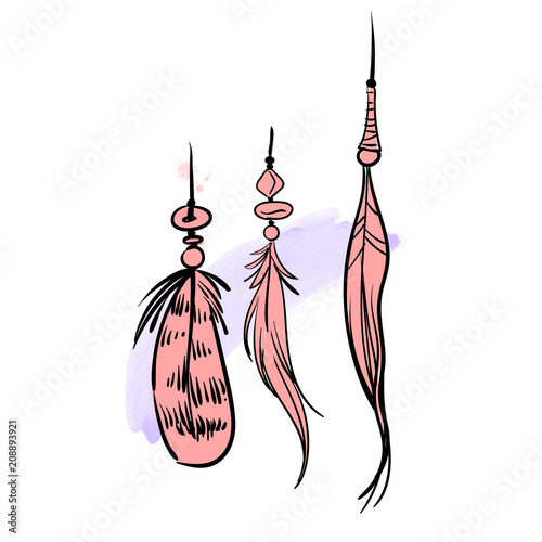 Hand drawn watercolor feathers. Pink hackles of bird Isolated on white background. Boho chic. Vector illustration.