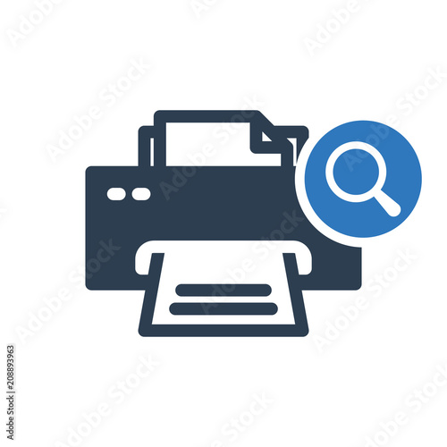 Printer icon, technology icon with research sign. Printer icon and explore, find, inspect symbol