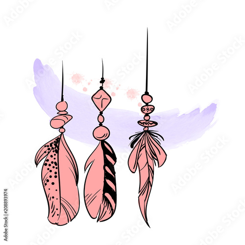 Hand drawn watercolor feathers. Pink hackles of bird Isolated on white background. Boho chic. Vector illustration.