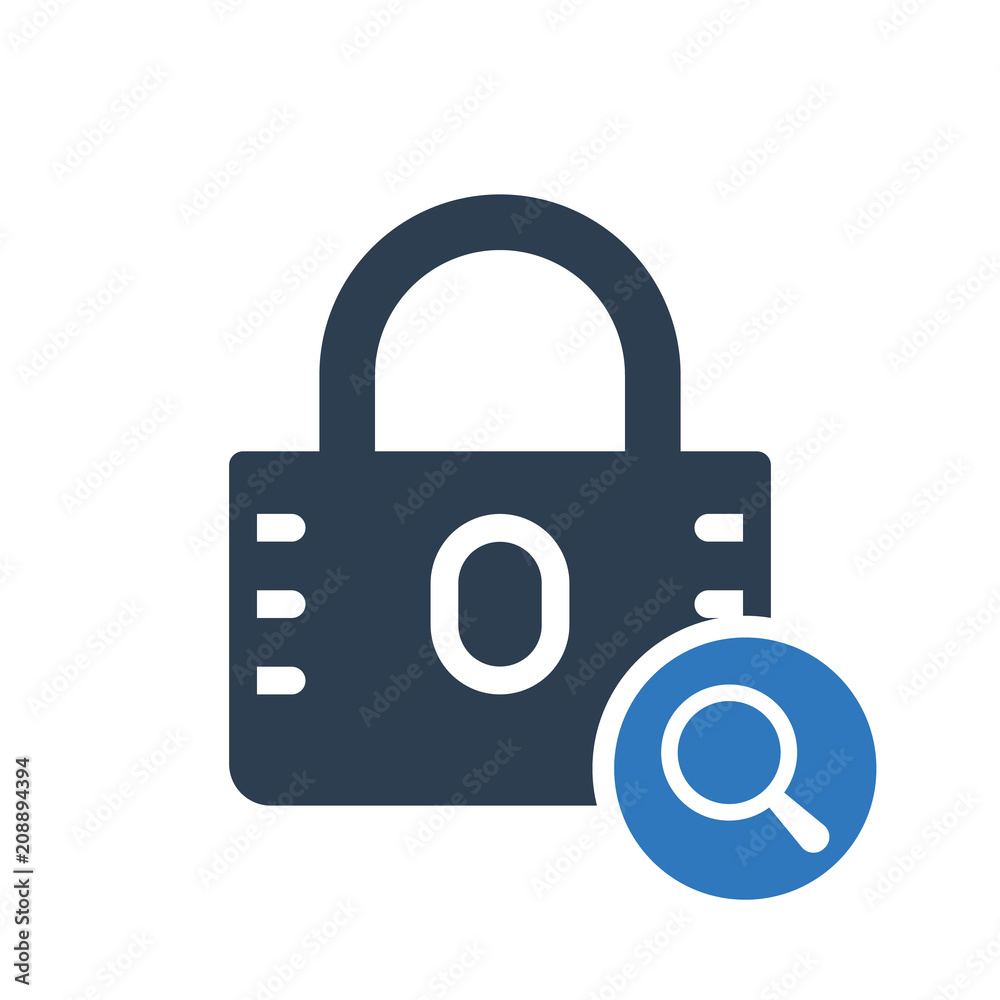 Padlock icon, security icon with research sign. Padlock icon and explore, find, inspect symbol Padlock icon, security icon with research sign. Padlock icon and explore, find, inspect symbol