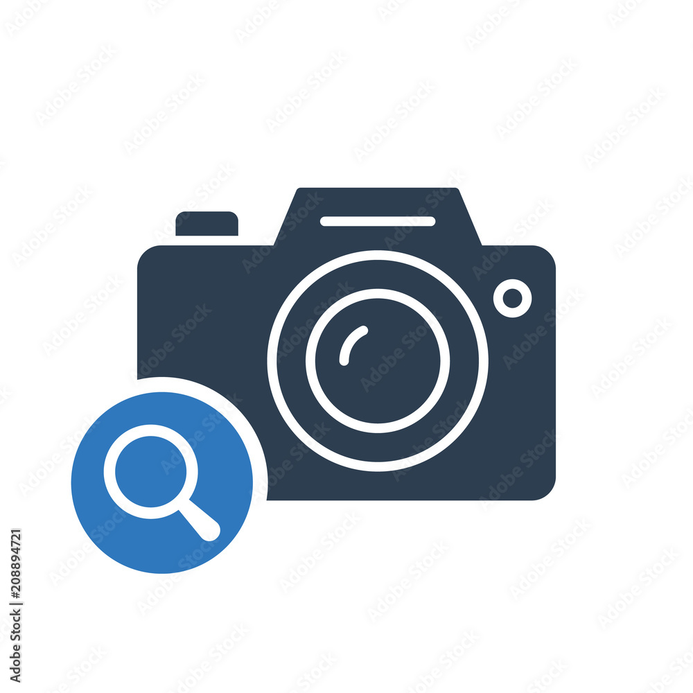 Photo camera icon, technology icon with research sign. Photo camera icon and explore, find, inspect symbol Photo camera icon, technology icon with research sign. Photo camera icon and explore, find, inspect symbol