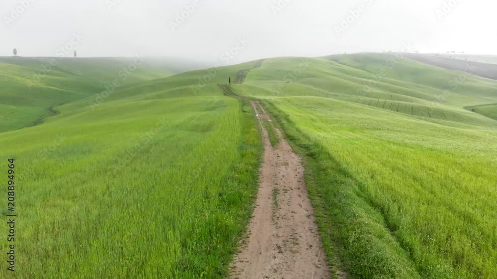 Country road in green fields. Cinematic drone shot. Tuscany, Italy Country road in green fields. Cinematic drone shot. Tuscany, Italy