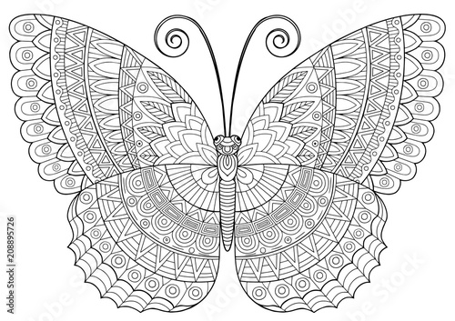 Back and white image of a butterfly on white background. Coloring-antistress for adults and children, for recreation and creativity. Hand drawn butterfly zentangle style for t-shirt design or tattoo.