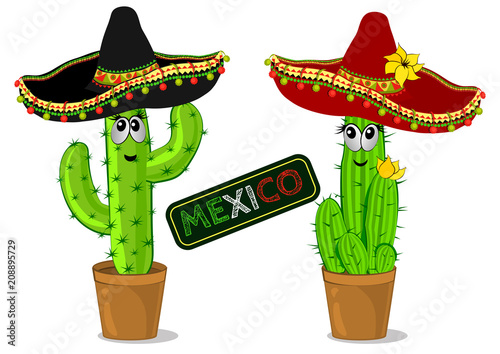 Two cactus in a sombrero. Cartoon funny cacti-Mexicans. Vector illustration.