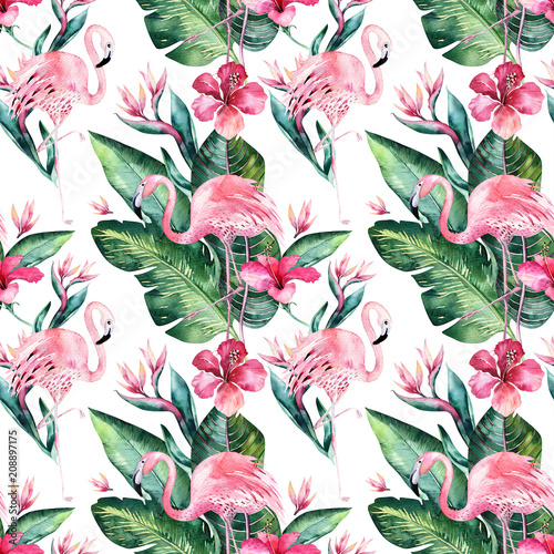 Tropical seamless floral summer pattern background with tropical palm leaves, pink flamingo bird, exotic hibiscus. Perfect for jungle wallpapers, fashion textile design, fabric print.