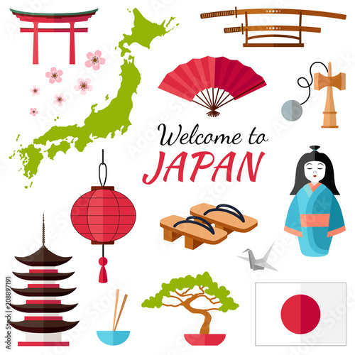 Japan travel banner with icons, souvenirs, design elements and famous japanese symbols. Vector illustration in flat style with inscription: Welcome to Japan.