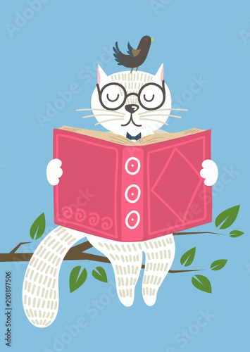  Wise charming white cat with bird reading book on tree branch. Knowledge, education, studying, teaching concept vector illustration.